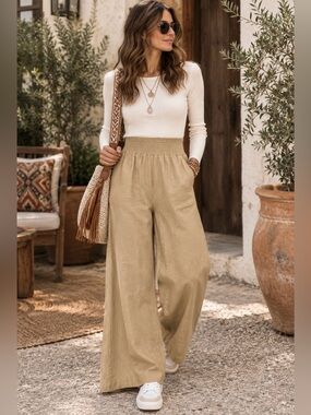 Love Tree Wide-Leg High-Waist Pants in Khaki